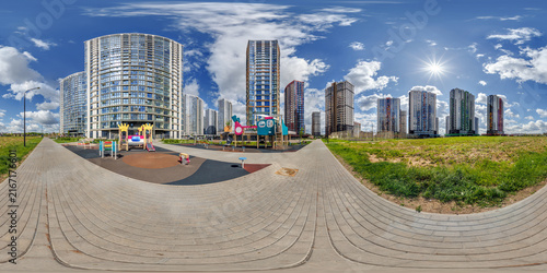 hdri 360 panorama near new skyscrapers and residential complex in full equirectangular seamless spherical projection