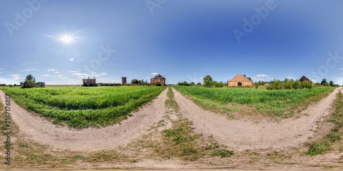 full seamless spherical hdri panorama 360 degrees angle view near abandoned ruined factory hangar and building in equirectangular projection, VR AR virtual reality content.