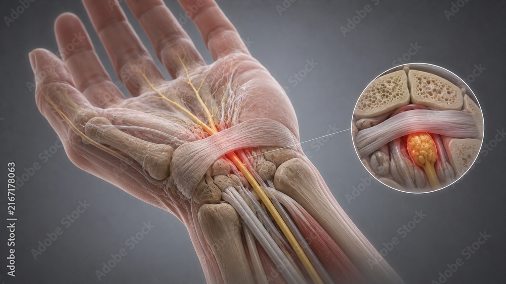 Fototapeta premium 3D Medical Illustration of Carpal Tunnel Syndrome: Detailed Hand Anatomy Showing Median Nerve Compression and Pain