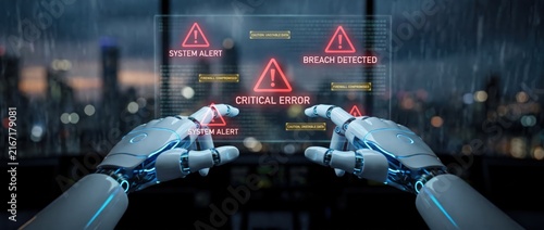 Advanced robotic hands engaging with a digital display showcasing alerts and malfunctions within a cutting edge environment illuminated by night