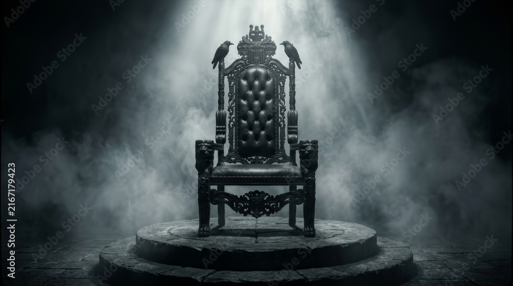 Fototapeta premium An ornate black throne sits on a circular pedestal in a dark, misty environment.