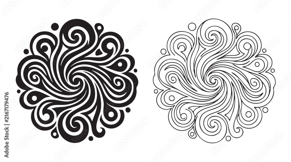 Fototapeta premium elegant swirl patterns with silhouette outline art, a vector icon design for decorative silhouette with outline art vector icon
