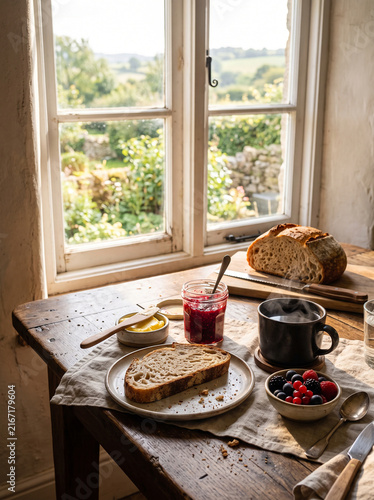 Authentic rustic breakfast scene with freshly baked sourdough bread, butter, homemade jam, berries and a steaming cup of coffee  