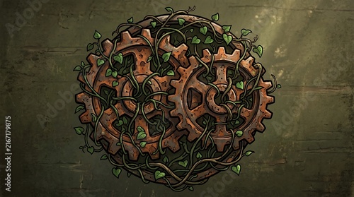 Rusty metal gears entwined with green ivy