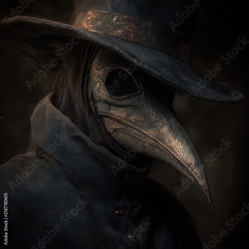 Mysterious Plague Doctor in Dark Gothic Attire Featuring a Creepy Vintage Bird Mask and Traditional Historical Medical Robe