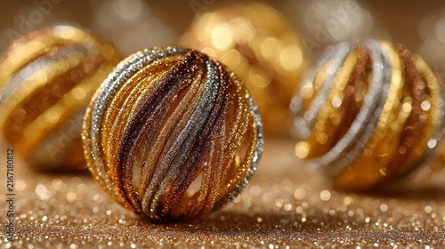 Decorative golden and silver thread balls with bokeh lights, festive ornament and luxury craft concept.