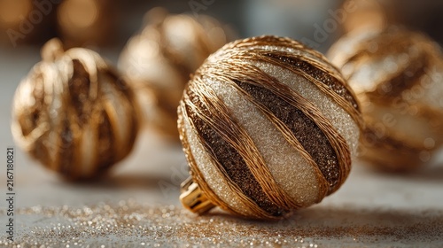 Decorative golden and silver thread balls with bokeh lights, festive ornament and luxury craft concept.