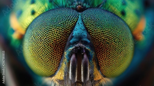 Extreme Close Up Macro Photography of a Vibrant Iridescent Green Housefly Compound Eye Featuring Intricate Biological Hexagonal Detail