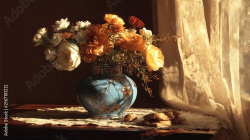 Beautiful Antique Porcelain Vase Filled With Fresh Spring Flowers Resting On A Delicate Lace Tablecloth Near A Soft Sunlight Window