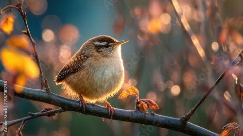 A tiny wren perched on a slender branch illuminated by warm golden sunlight during a tranquil autumn morning in nature