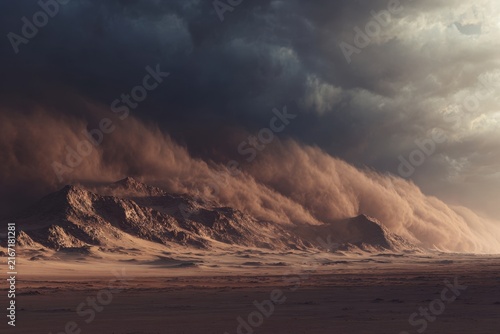 Dramatic sandstorm sweeping across arid mountain landscape under dark turbulent storm clouds in a remote desert wilderness environment