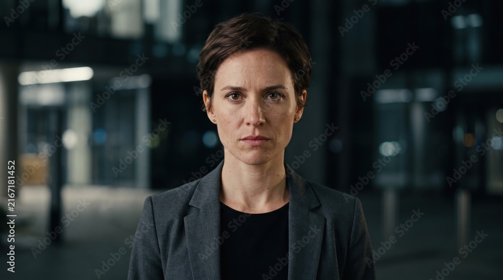 Obraz premium Professional Portrait of a Confident Businesswoman Looking Directly into the Camera in a Modern Office Environment at Night