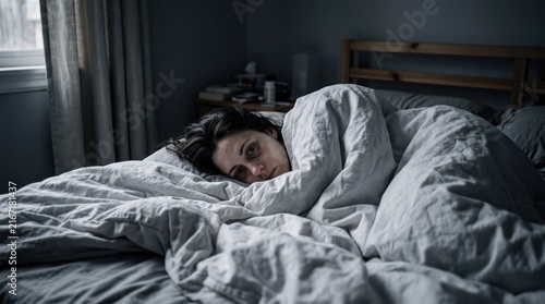 Depressed Young Woman Lying Alone Under Warm Bedding Feeling Sad and Lonely in a Dimly Lit Bedroom During Morning Hours
