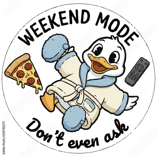 Funny Goose Weekend Mode Relaxing with Pizza and Remote Cartoon Illustration on Transparent Background