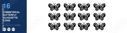 Symmetrical Butterfly Silhouette Icons Set, Minimalist Design. Nature Outline Vector Graphics