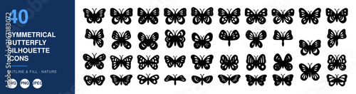 Symmetrical Butterfly Icons Set, Outline and Fill Design, Nature Illustration Featuring Silhouette, Vector