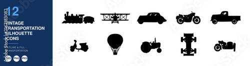 Transportation Silhouette Icons Set, Vintage Style Design. Retro Transportation Vector Graphics