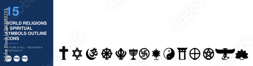 World Religions Symbols Outline Icons, Spiritual Concepts and Religious Design Elements