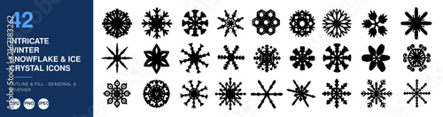Snowflake Icons Set, Intricate Winter Designs, Seasonal Vector Graphics, Outline and Fill Elements, Weather Illustration