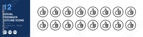 Social Feedback Icons Set with Thumbs Up Outline and Fill Design. Social Media Icons, User Engagement Concept