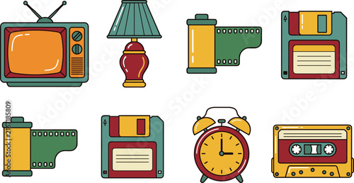 Retro Vintage Element Vector Set with Old Television Floppy Disk Cassette Tape and Alarm Clock