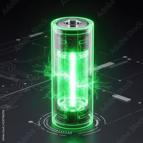 A futuristic high capacity lithium ion battery cell glowing with vibrant green neon energy storage light in a dark technological setting, voltage, glowing, technology