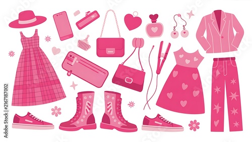 Collection of Trendy Pink Women Fashion Apparel Accessories and Beauty Items