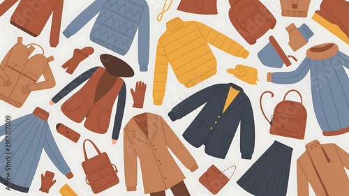 A Flat Minimalist Illustration Featuring a Variety of Cozy Fall and Winter Clothing and Accessories for Seasonal Fashion