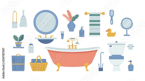 Set of Various Bathroom Furniture and Hygiene Accessories for Home Interior Design