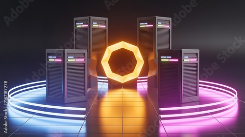 Futuristic Data Center Concept with Glowing Octagon Portal and Neon Circular Light Structures in a Dark Digital Environment