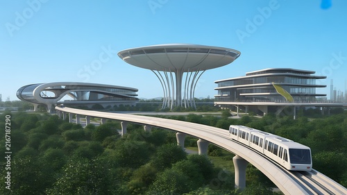 Modern Futuristic Cityscape Featuring an Advanced Monorail Transit System and Sustainable Architectural Designs