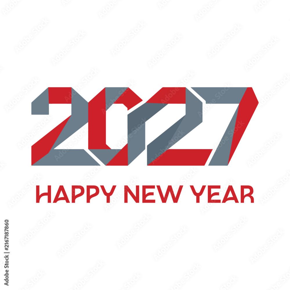 Fototapeta premium Happy New Year 2027 Typography Design with Modern Red and Grey Ribbon Folding Style Vector