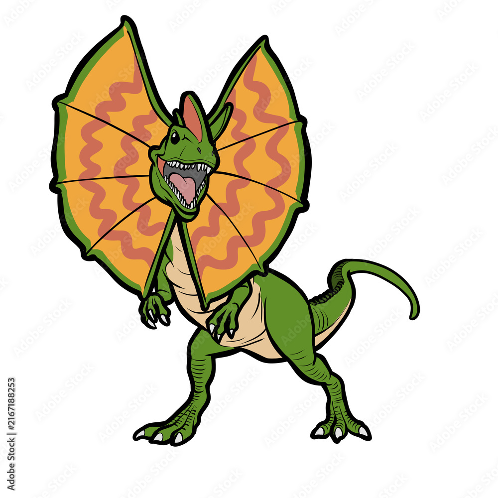 Fototapeta premium Cute frilled dilophosaurus dinosaur character cartoon illustration for children education isolated on transparent background 