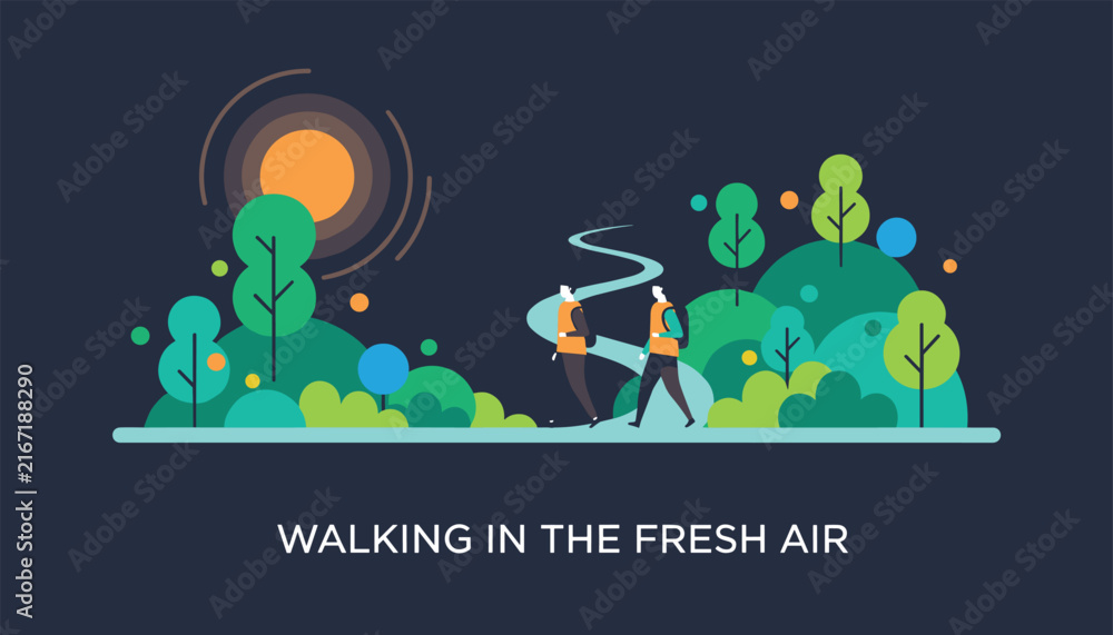 Naklejka premium Active couples hiking along a winding forest path under a glowing sun in a clean fresh air environment.