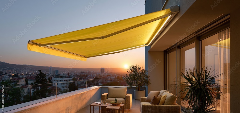 Fototapeta premium A modern balcony at dusk featuring a vibrant yellow foldable canopy and a warm city skyline.