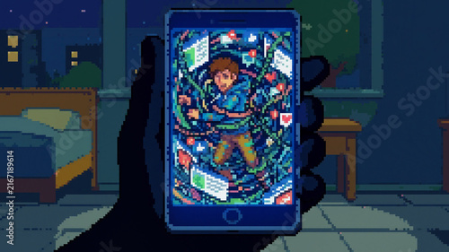 Konstfotografi Pixel art illustration of a person trapped and entangled by social media feeds a