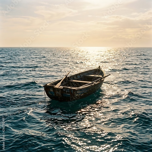 Empty wooden rowboat floating on ocean at sunset.
