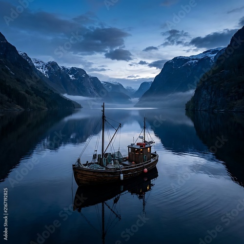 Fishing boat in calm fjord at twilight.