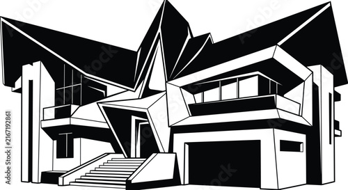 Bild auf Leinwand Black and white vector sketch of a up-to-date luxury geometric architectural house structure with sharp rooflines and stairs