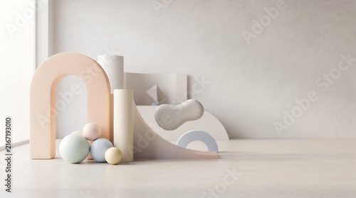 Minimalist abstract product display podium featuring pastel colored geometric shapes and cylinders arranged on a smooth white surface for luxury branding background