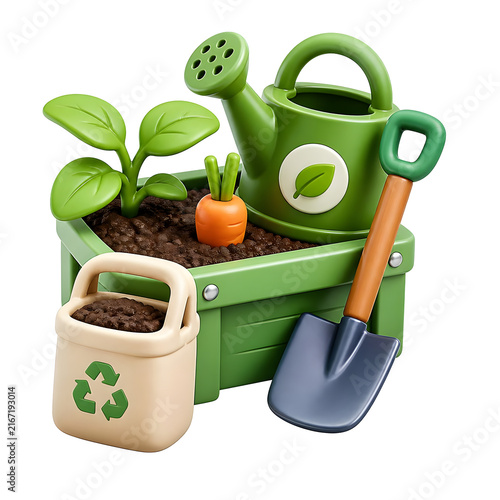 Back to School Season Peak gardening tools set with small plant and carrot in wooden crate.