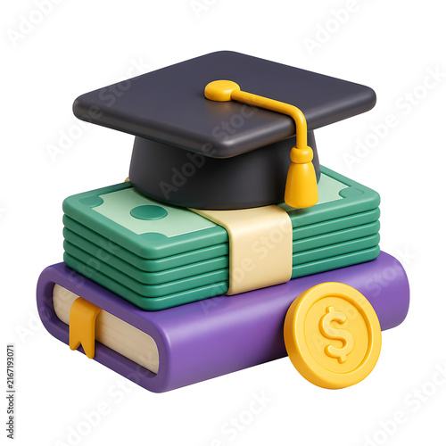 Back to School Season Peak graduation cap resting on stack of currency and textbook.
