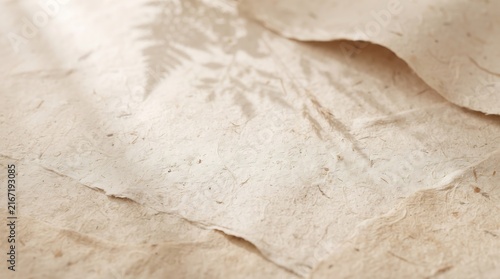 Natural handmade beige paper sheets with rough texture and organic fibers featuring a soft fern leaf shadow overlay for elegant creative design