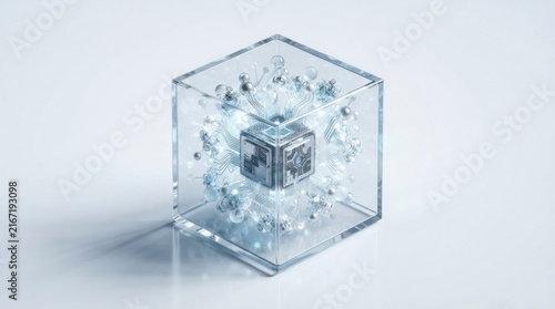 Futuristic 3D ice cube with glowing neural network core for AI technology visualization
