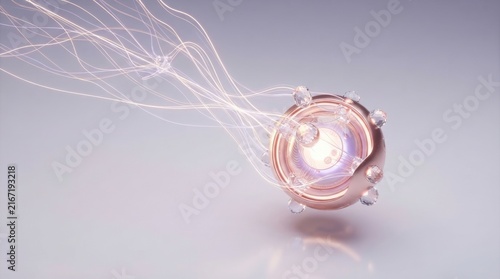 3D holographic AI neural network core glowing with futuristic data streams and light trails