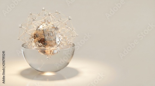 Golden data particles swirling inside futuristic AI neural network core hologram sphere