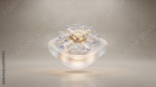 3D crystal neural network core glowing with futuristic AI data processing technology