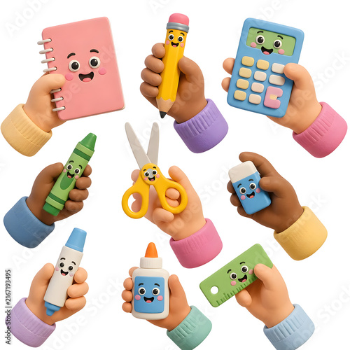 Back to School Season Peak featuring cute cartoon stationery items held by small hands.