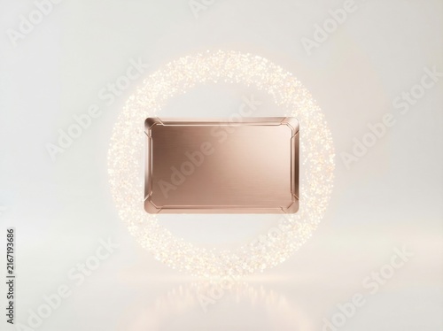 Floating rose gold credit card inside a glowing circular light ring on white background