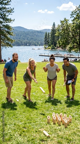 Friends playing wooden pin game on lawn.